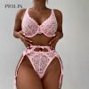PRILIN Women Sexy Lingerie Pink Garters Lace Push Up Bra Transparent Erotic Temptation Luxury 2022 Bow Underwear
